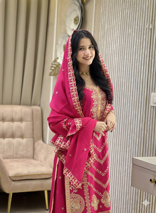 Eid Special Real Modelling Pure Chinon Silk Embroidered Top Palazzo Set with Dupatta