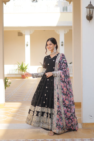 Black Heavy Embroidery Gown With Printed Dupatta