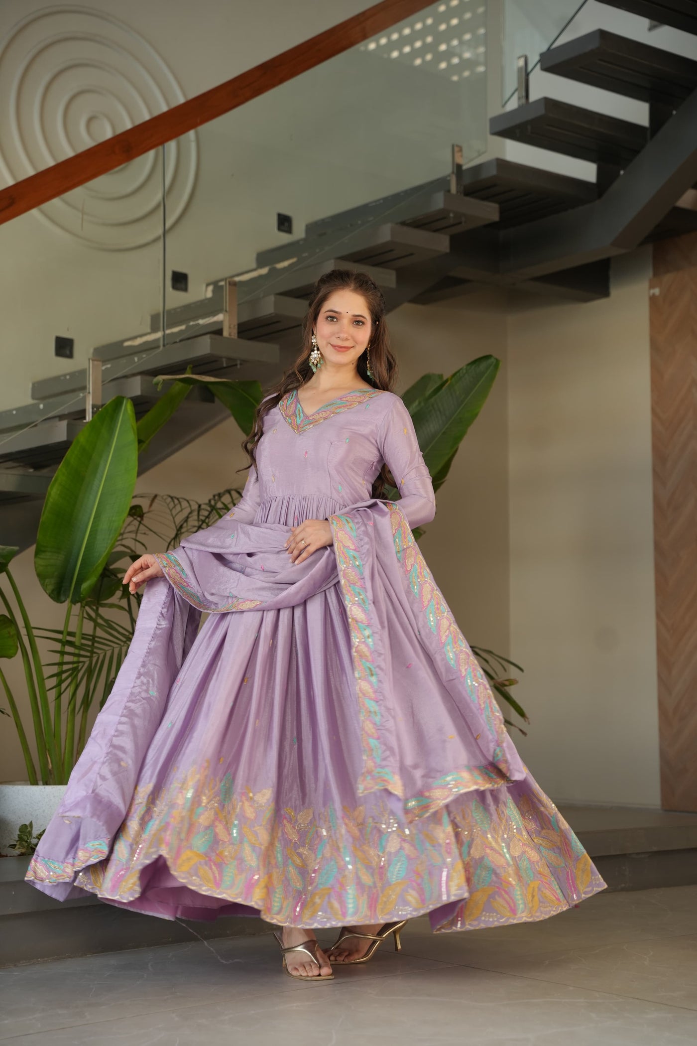 Chinnon Fabric Gown With Sequins & Multi-Thread Embroidered Dupatta