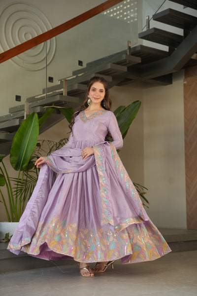 Chinnon Fabric Gown With Sequins & Multi-Thread Embroidered Dupatta
