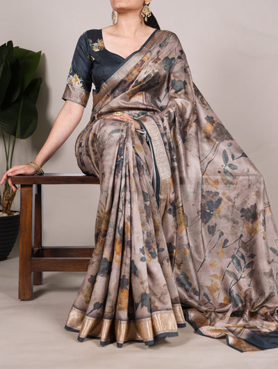 Elegant Tussar Silk Printed Saree With Viscose Border And Unstitched Blouse