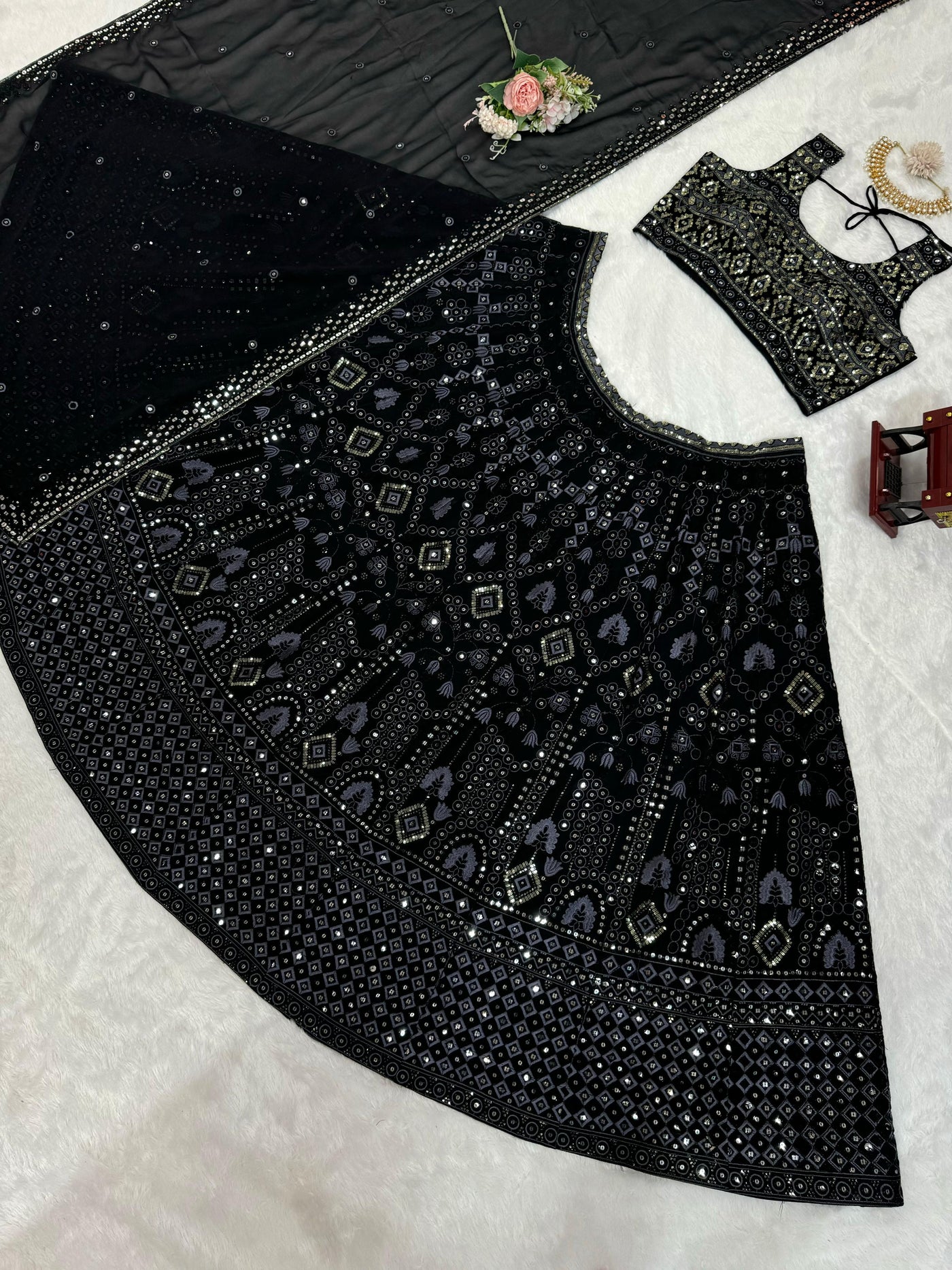 Black Faux Georgette Lehenga With Heavy Blouse And Dupatta
