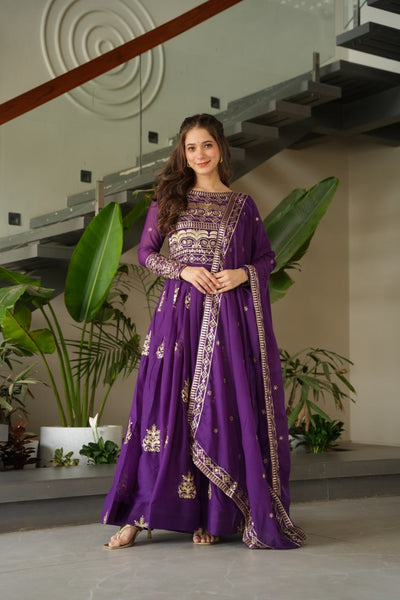 Purple Color Chinon Gown With Embroidery Dupatta