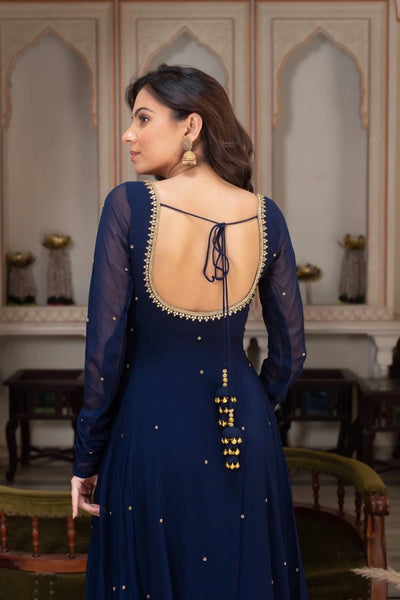 Navy Blue Moti Embroidered Anarkali Suit