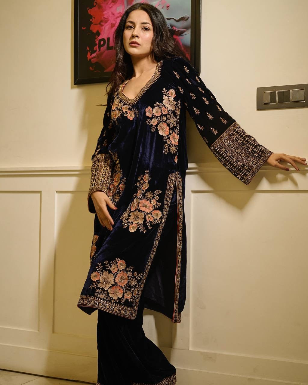 Royal Blue Velvet Kurti With Intricate Gold And Peach Embroidery