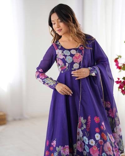 Floral Printed Organza Anarkali Suit Set With Matching Dupatta