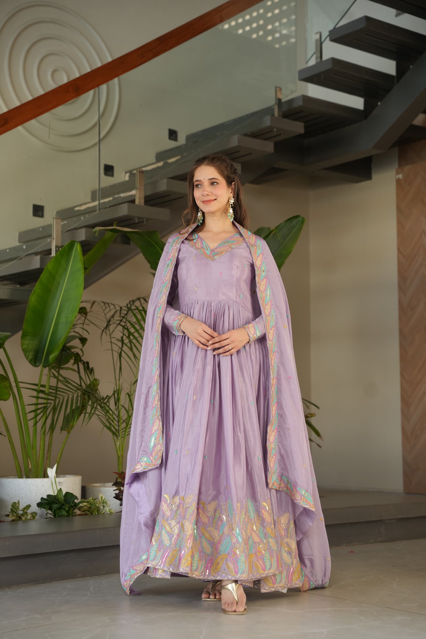 Chinnon Fabric Gown With Sequins & Multi-Thread Embroidered Dupatta