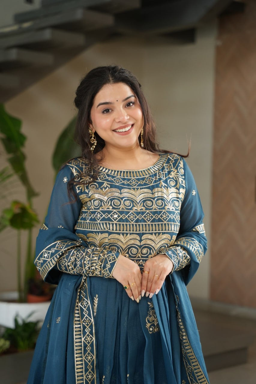 Green Teal Color Chinon Gown With Embroidery Dupatta