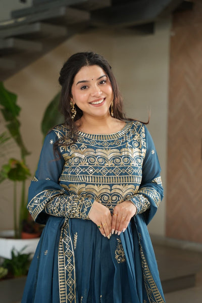 Green Teal Color Chinon Gown With Embroidery Dupatta