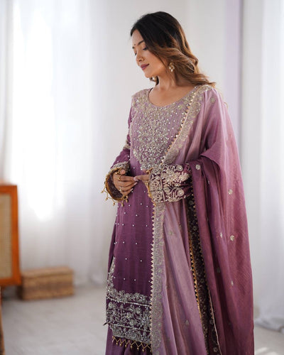 LIGHT PURPLE WEDDING WEAR CHINON SILK PLAZZO DRESS