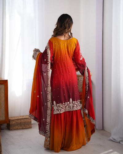 Red Wine Color Wedding Wear Chinon Silk Plazzo Dress