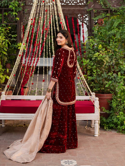 Maroon Velvet Salwar Kuit With Beige Dupatta