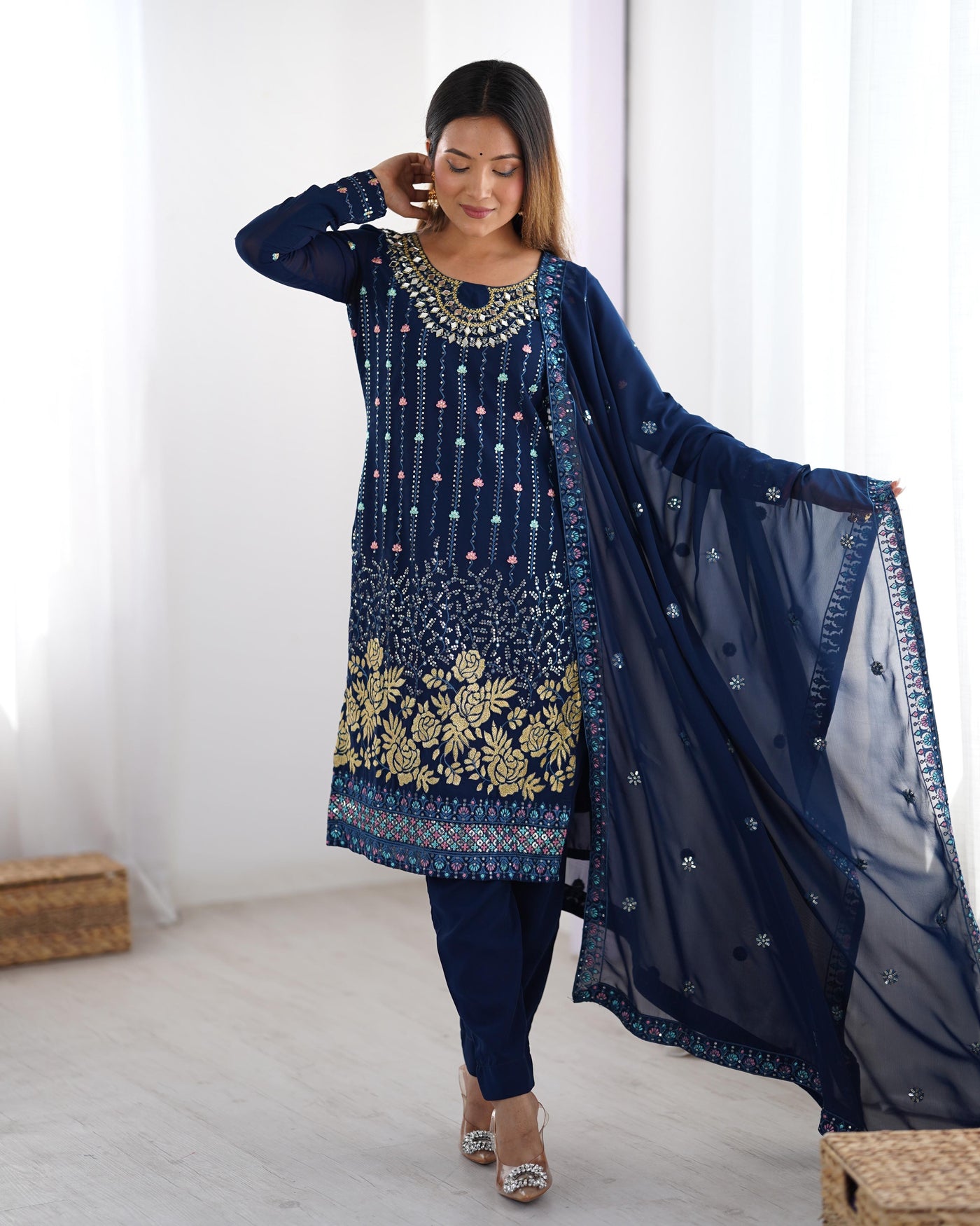 Royal Blue Color Faux Georgette Suit With Fancy Dupatta