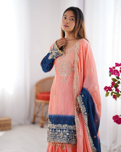LIGHT PINK WITH BLUE WEDDING WEAR CHINON SILK PLAZZO DRESS