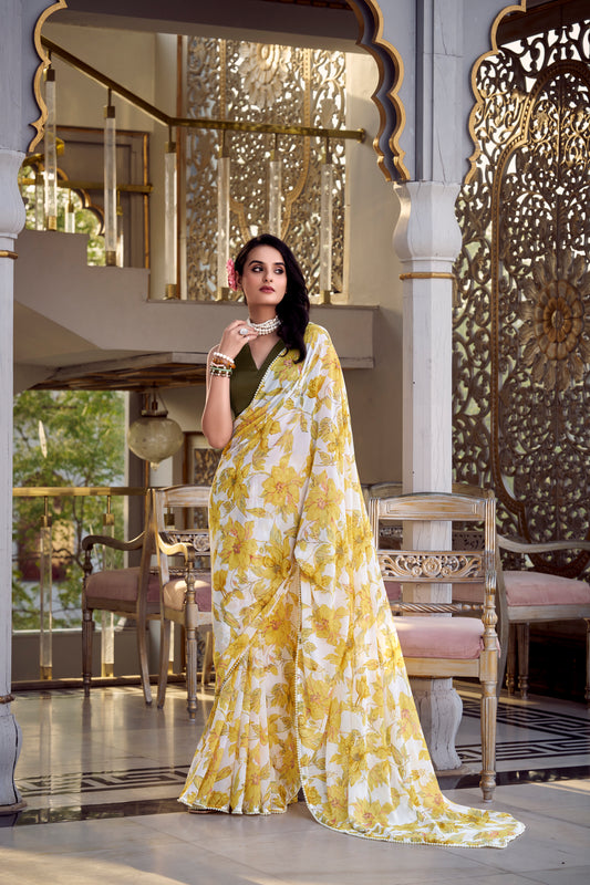 Weightless Marble Floral Printed Saree with Pearl Lace Border & Moonga Silk Blouse