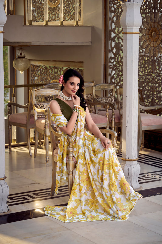 Weightless Marble Floral Printed Saree with Pearl Lace Border & Moonga Silk Blouse