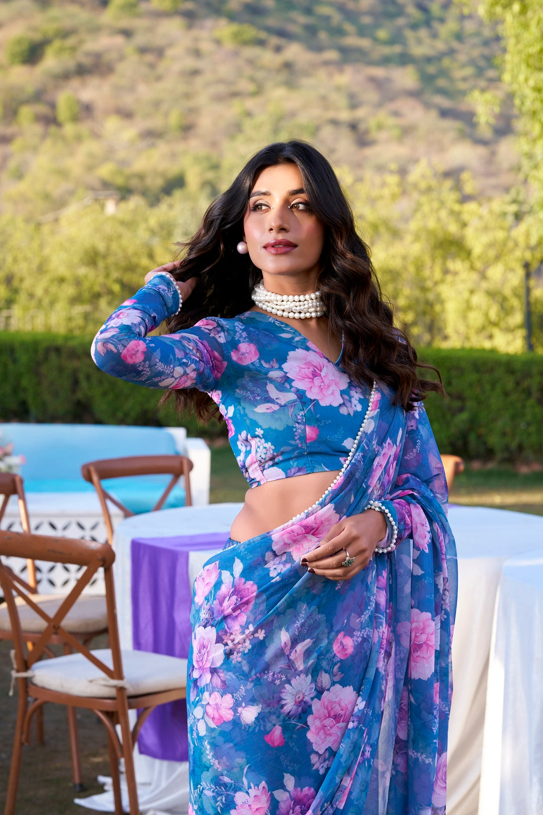 Weightless Marble Printed Saree with Pearl Lace Border – Premium Saree Collection