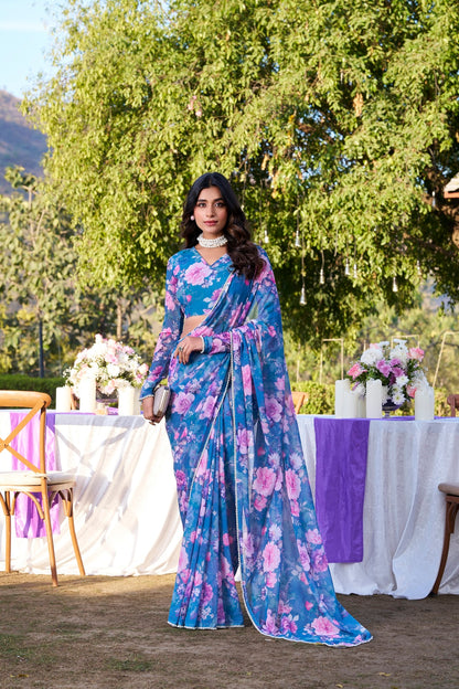 Weightless Marble Printed Saree with Pearl Lace Border – Premium Saree Collection