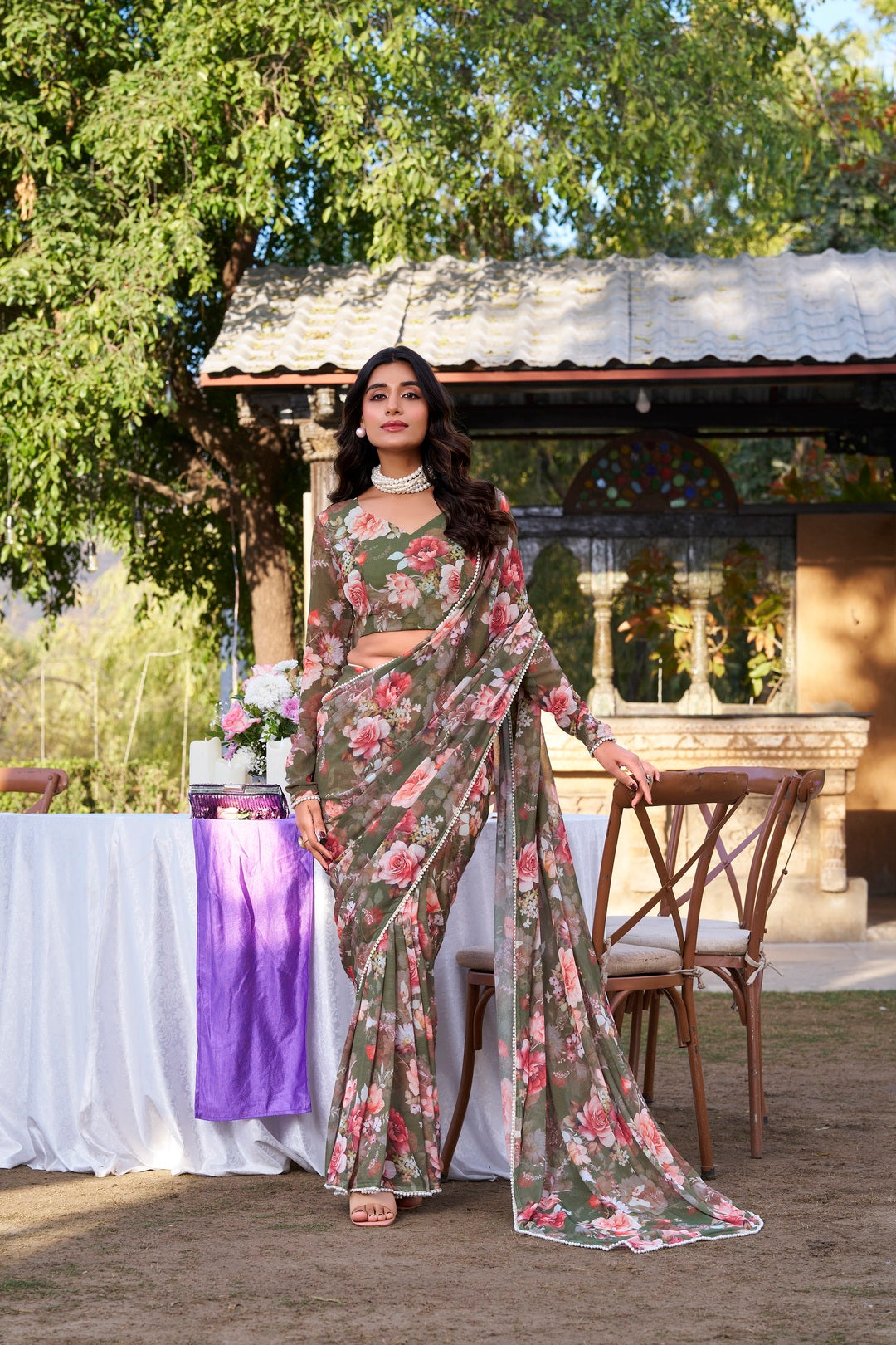 Weightless Marble Printed Saree with Pearl Lace Border – Premium Saree Collection