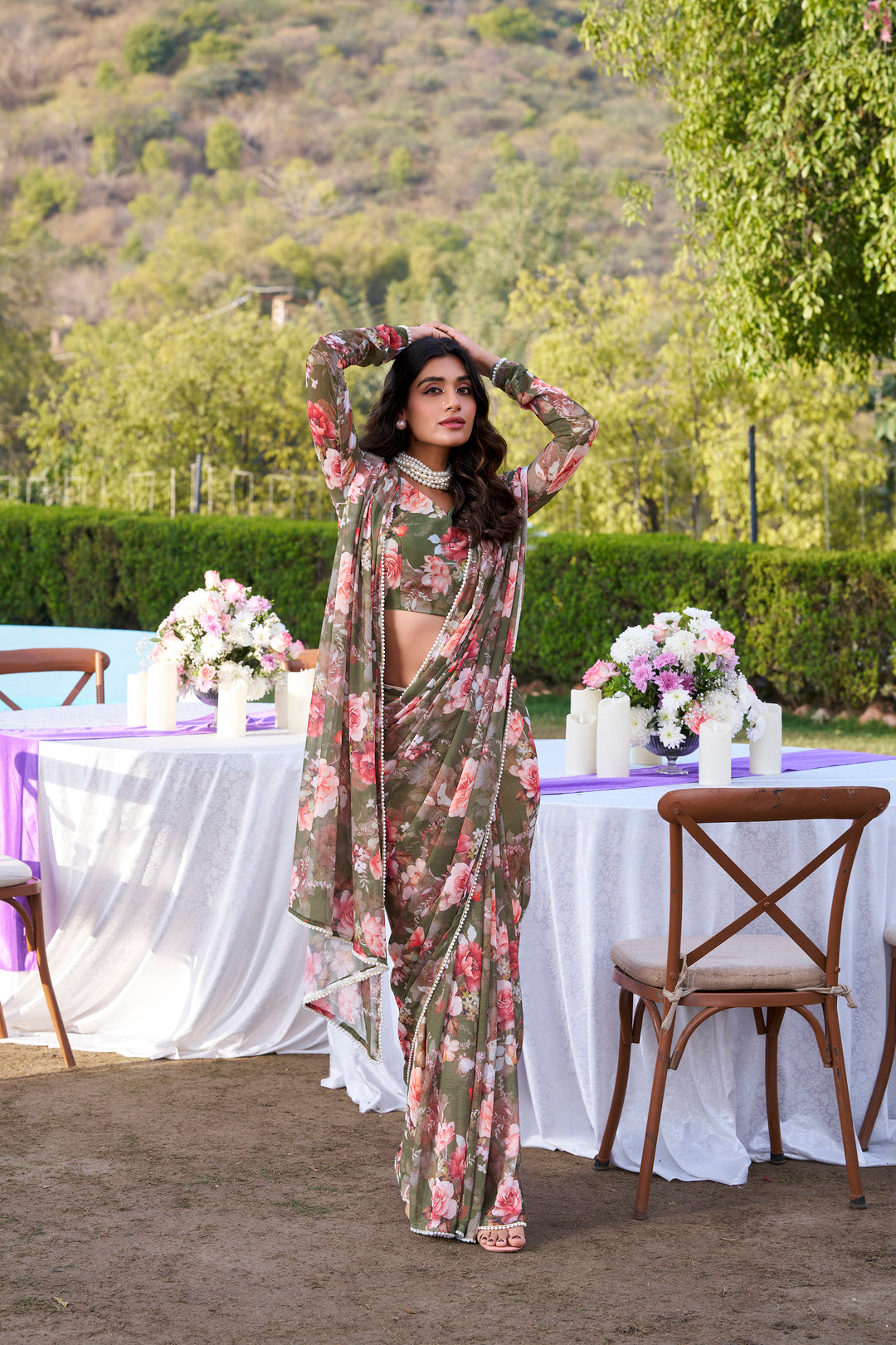 Weightless Marble Printed Saree with Pearl Lace Border – Premium Saree Collection