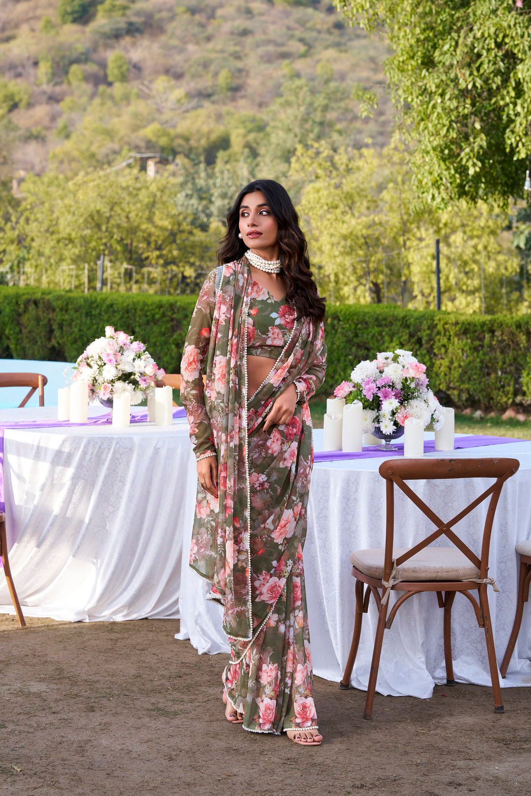 Weightless Marble Printed Saree with Pearl Lace Border – Premium Saree Collection