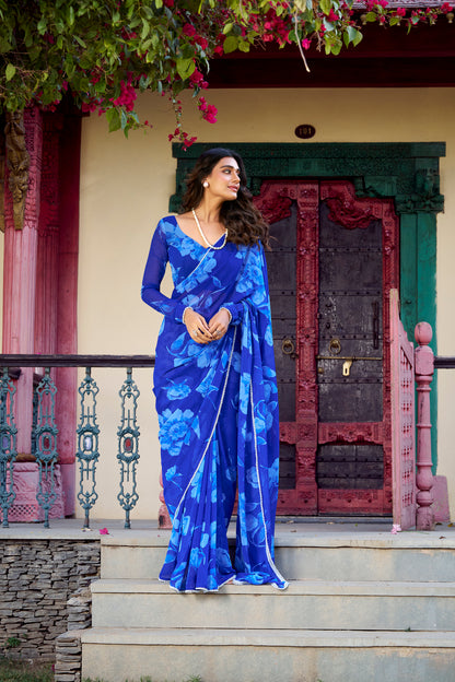 Chiffon Floral Printed Saree with Pearl Lace Border – Premium Saree Collection