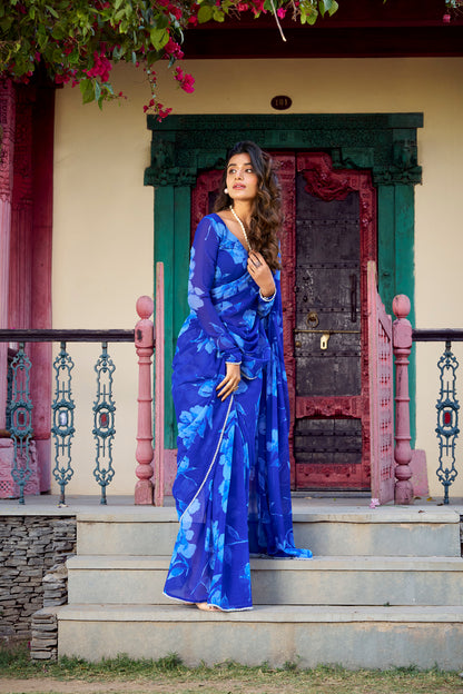 Chiffon Floral Printed Saree with Pearl Lace Border – Premium Saree Collection