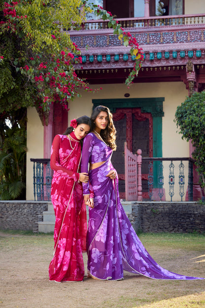 Chiffon Floral Printed Saree with Pearl Lace Border – Premium Saree Collection