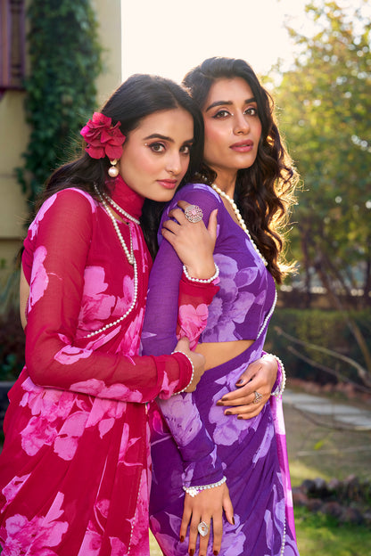 Chiffon Floral Printed Saree with Pearl Lace Border – Premium Saree Collection