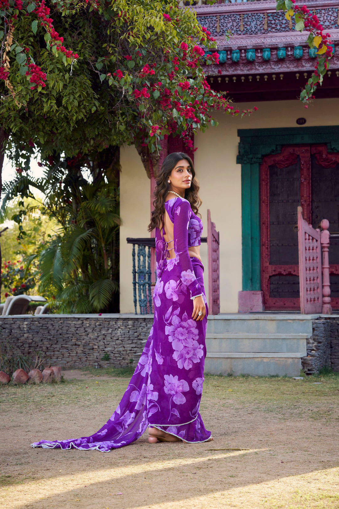 Chiffon Floral Printed Saree with Pearl Lace Border – Premium Saree Collection