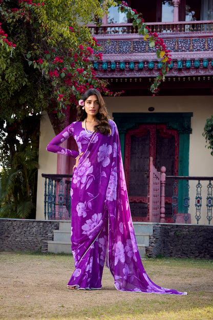 Chiffon Floral Printed Saree with Pearl Lace Border – Premium Saree Collection