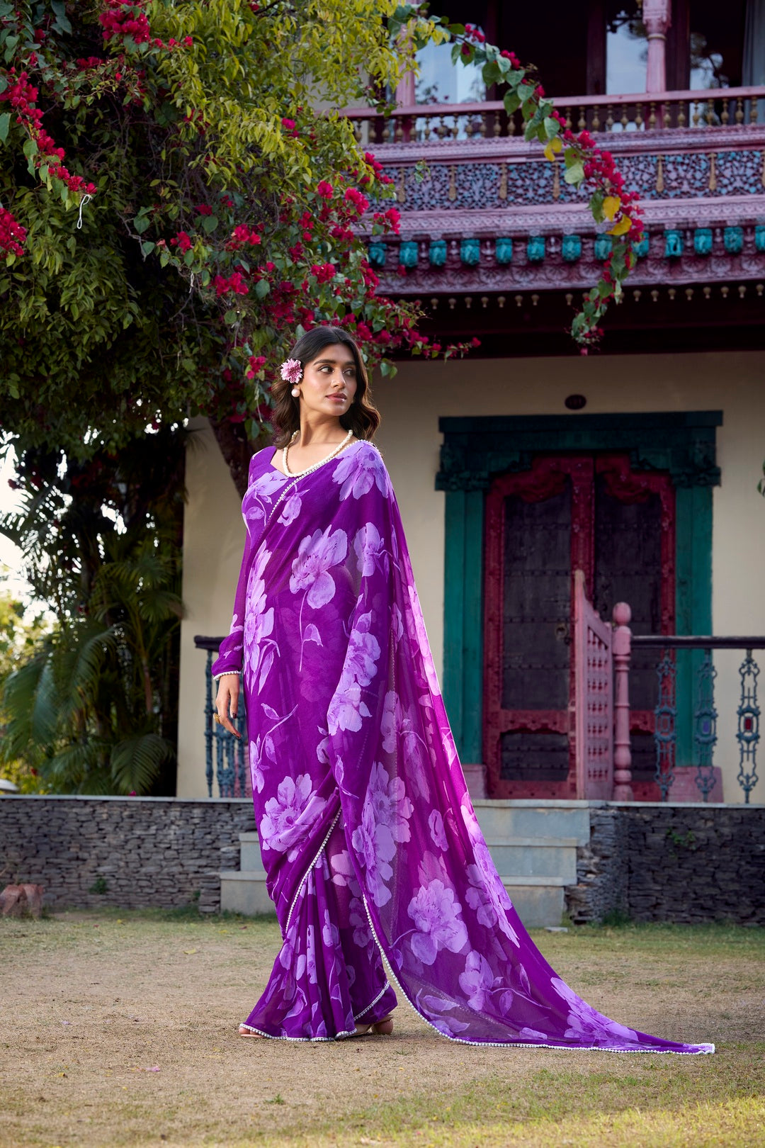Chiffon Floral Printed Saree with Pearl Lace Border – Premium Saree Collection