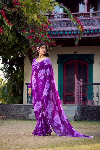 Chiffon Floral Printed Saree with Pearl Lace Border – Premium Saree Collection