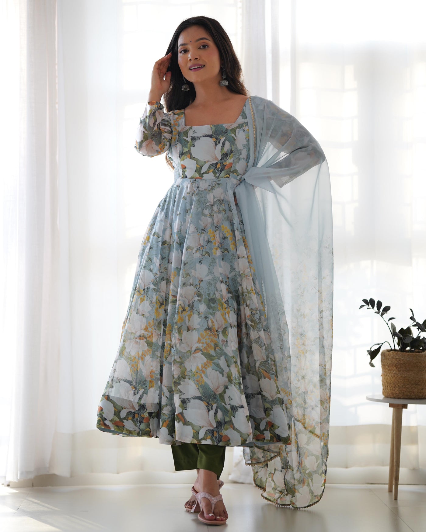 Floral Print Pure Organza Silk Anarkali Set with Dupatta and Ready-to-Wear Pant