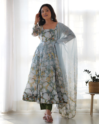 Floral Print Pure Organza Silk Anarkali Set with Dupatta and Ready-to-Wear Pant