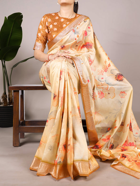 Tasar Silk Floral Printed Saree with Viscose Border – Premium Saree Collection