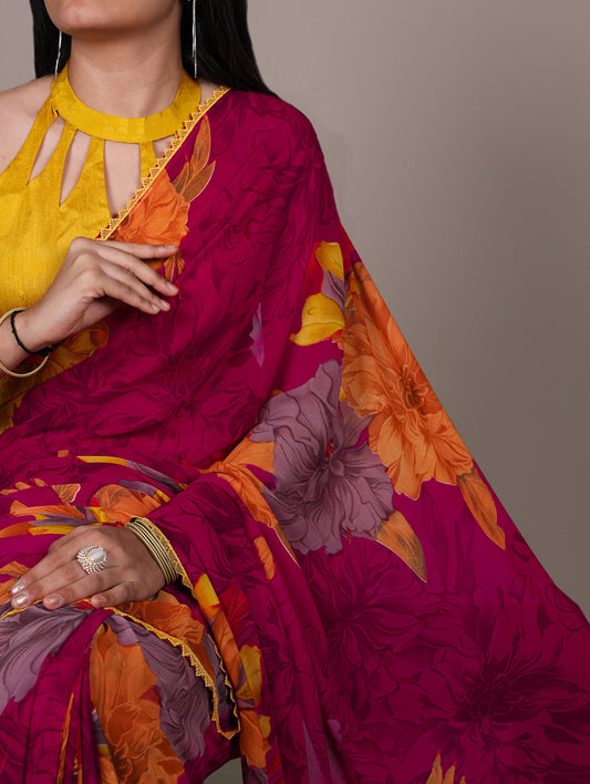 Weightless Marble Floral Printed Saree with Lace Border – Lightweight Saree Collection