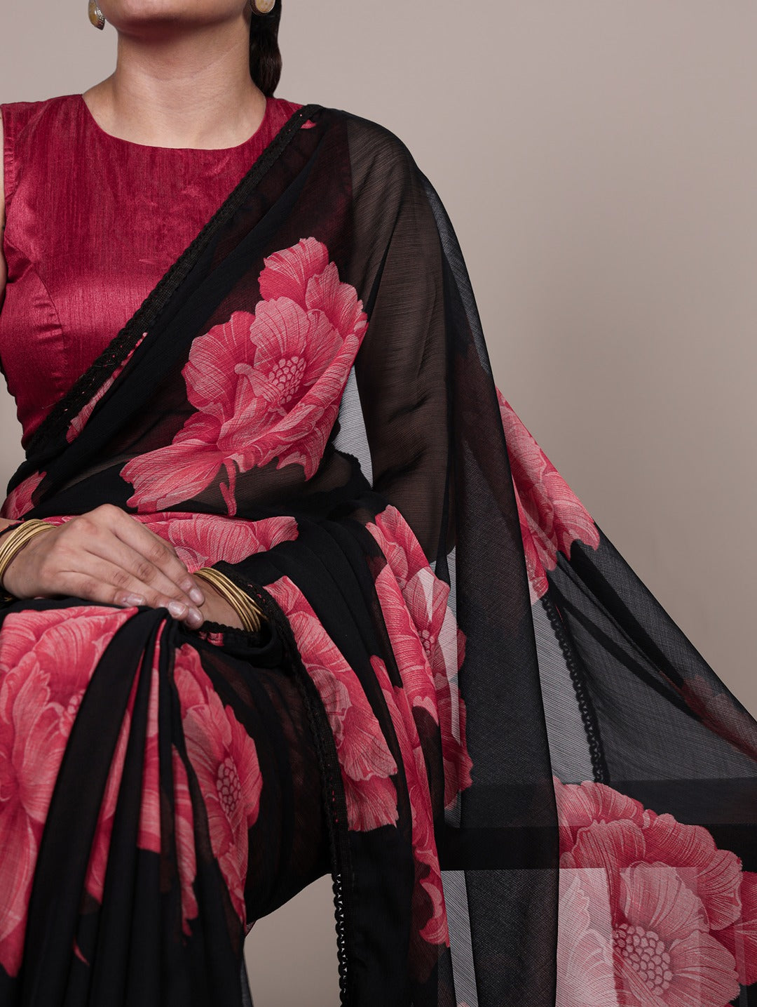 Chiffon Floral Printed Saree with Lace Border – Lightweight Saree Collection