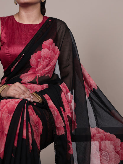 Chiffon Floral Printed Saree with Lace Border – Lightweight Saree Collection