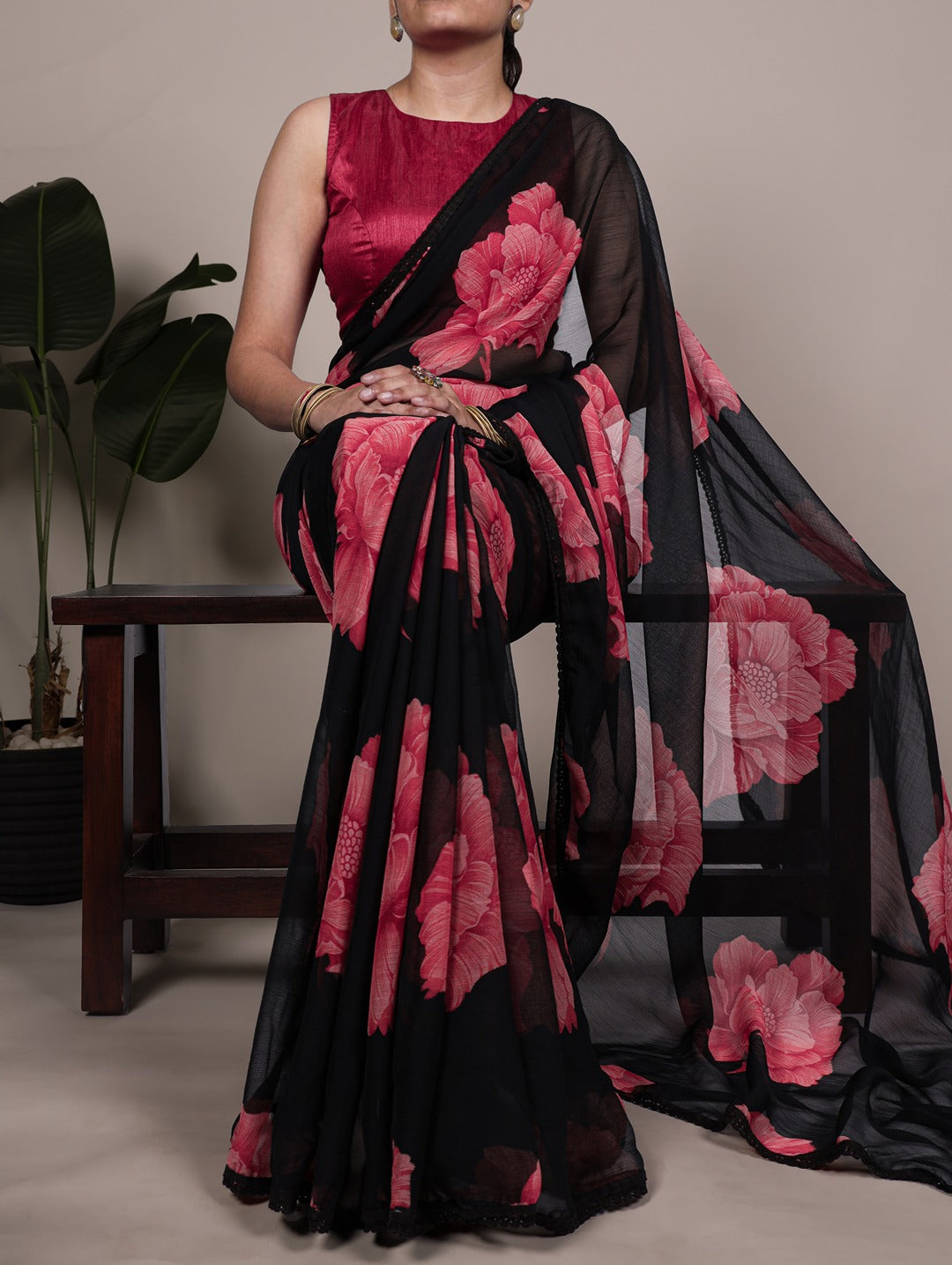 Chiffon Floral Printed Saree with Lace Border – Lightweight Saree Collection