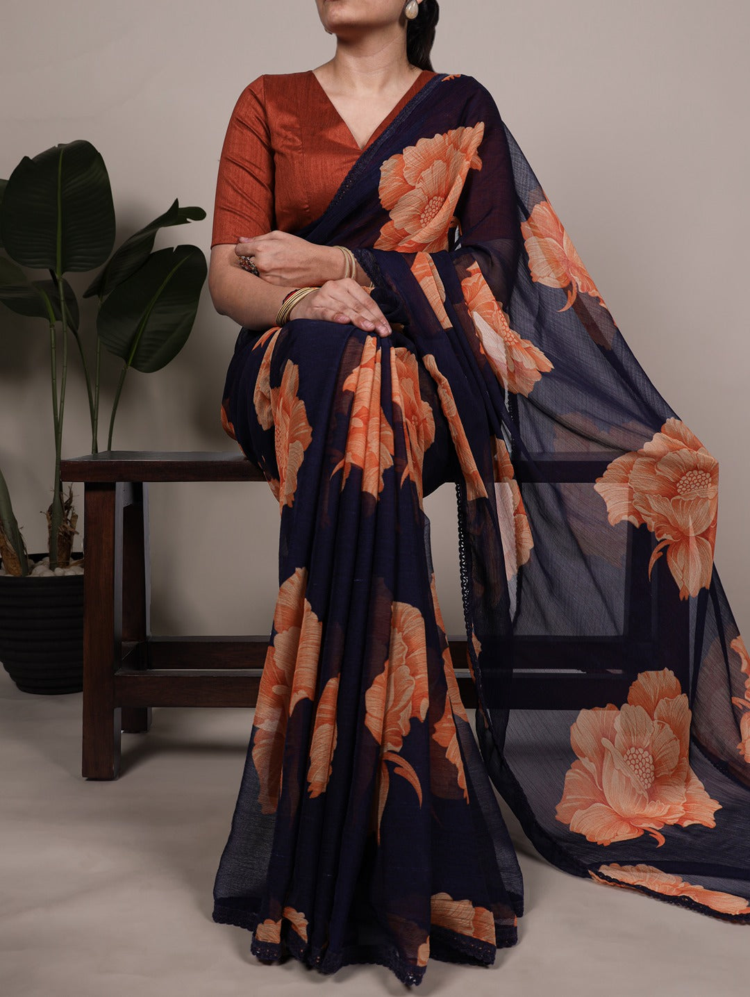 Chiffon Floral Printed Saree with Lace Border – Lightweight Saree Collection