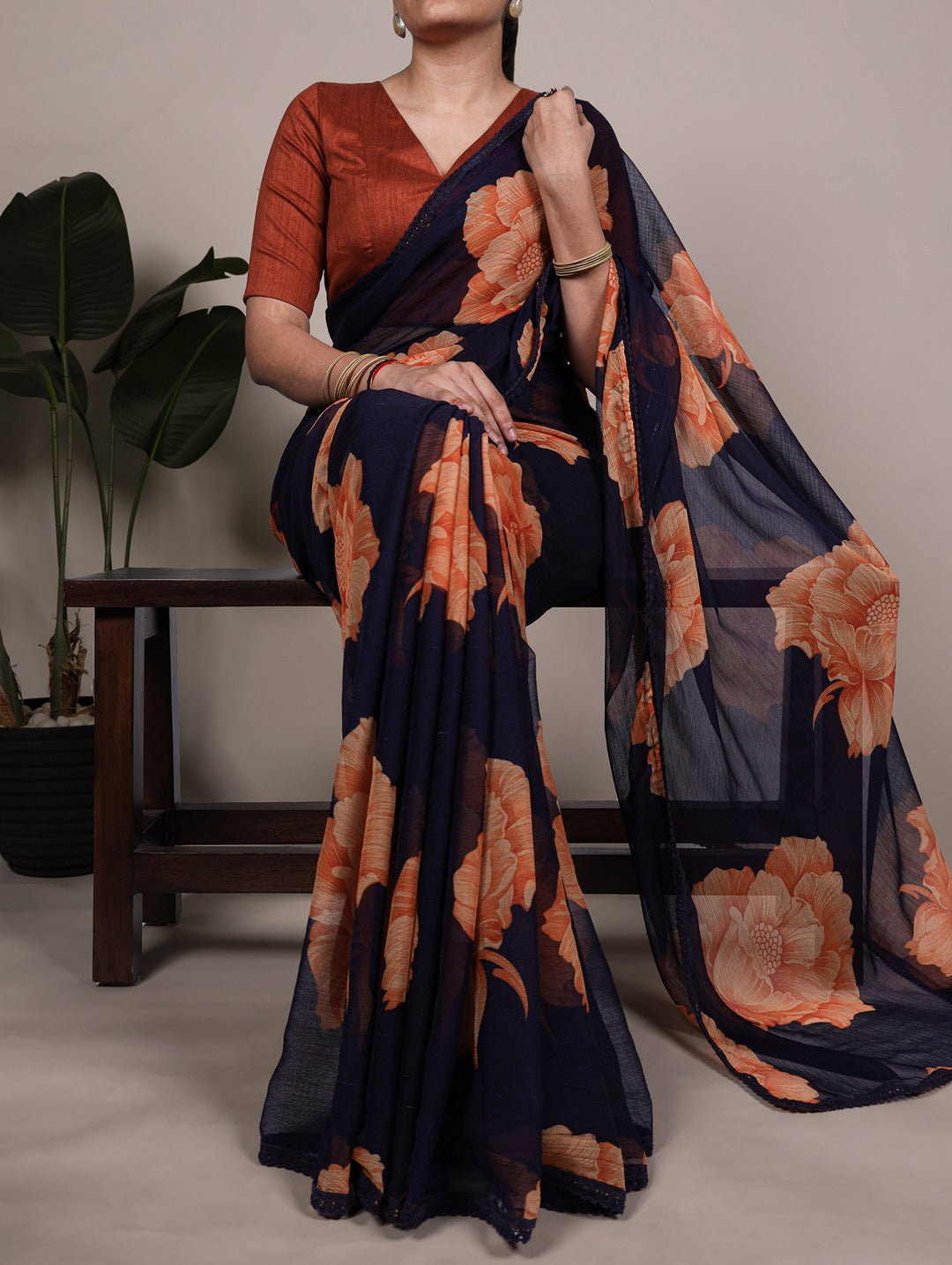 Chiffon Floral Printed Saree with Lace Border – Lightweight Saree Collection