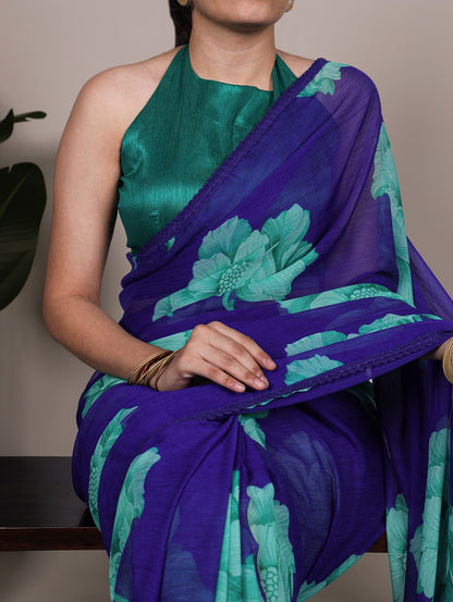 Chiffon Floral Printed Saree with Lace Border – Lightweight Saree Collection