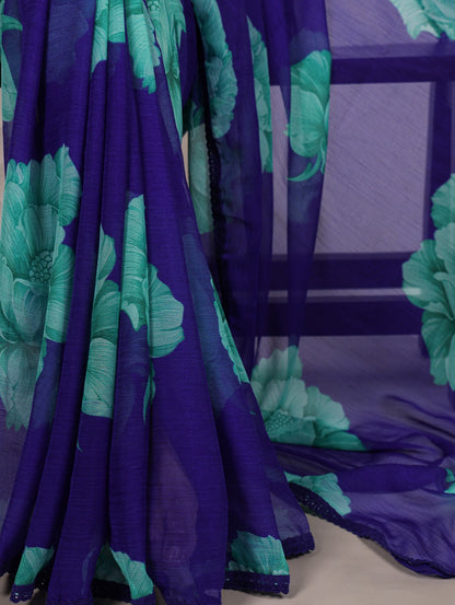 Chiffon Floral Printed Saree with Lace Border – Lightweight Saree Collection