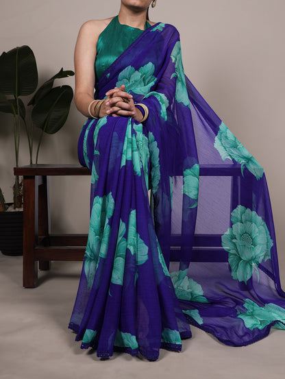 Chiffon Floral Printed Saree with Lace Border – Lightweight Saree Collection