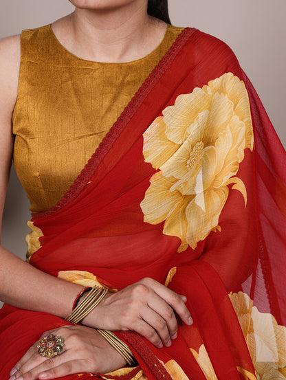 Chiffon Floral Printed Saree with Lace Border – Lightweight Saree Collection