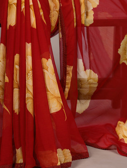 Chiffon Floral Printed Saree with Lace Border – Lightweight Saree Collection