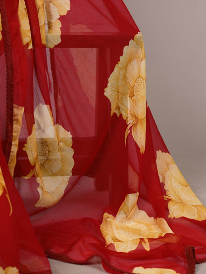 Chiffon Floral Printed Saree with Lace Border – Lightweight Saree Collection