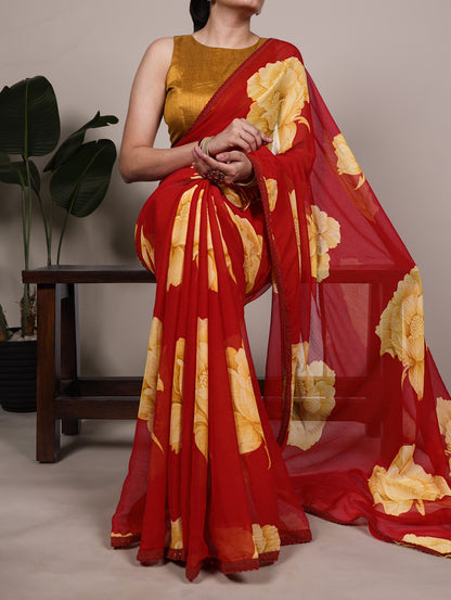 Chiffon Floral Printed Saree with Lace Border – Lightweight Saree Collection