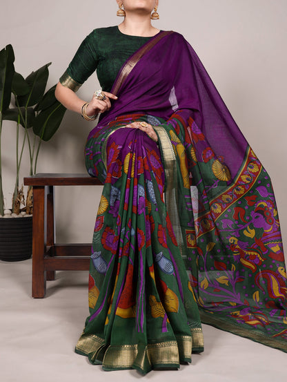 Chanderi Traditional Floral Printed Saree with Zari Weaving – Elegant Saree Collection